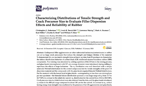 Characterizing Distributions of Tensile Strength and Crack Precursor Size to Evaluate Filler Dispersion Effects and Reliability of Rubber
